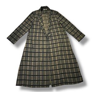 Ali Golden Notch Long Jacket Duster Medium Raw Silk Pockets Plaid Lagenlook